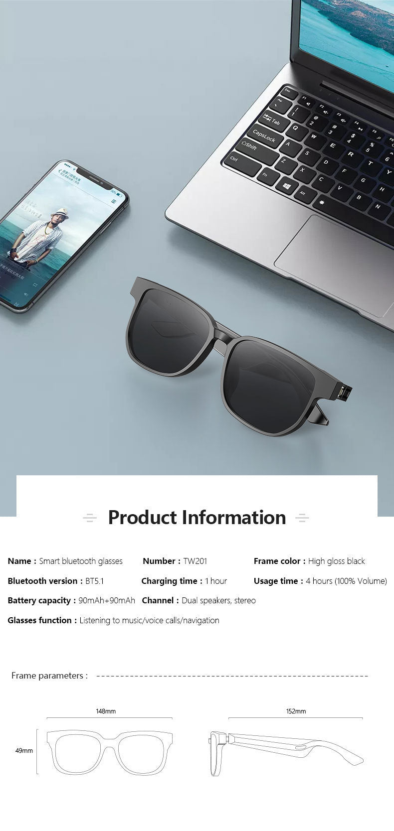 Smart Bluetooth Glasses with Built-In Speakers & Mic -Hands-Free Calling, Music, UV Protection, Outdoor Sports