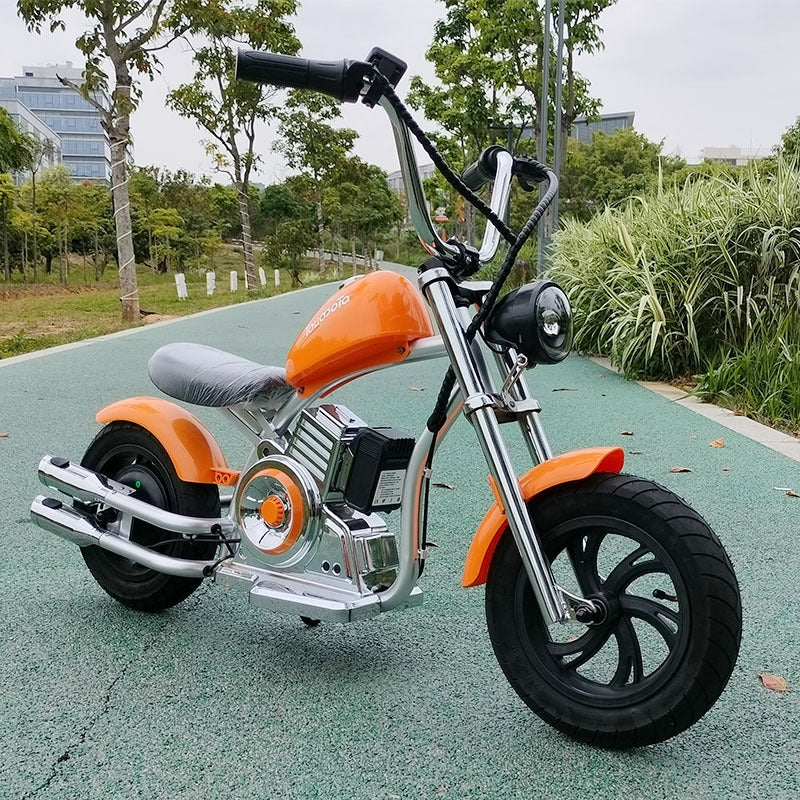 “Youmota Kids Electric Ride-On Motorcycle – 12” Air Tires, LED Lights, 10MPH, 150lb Max, Twist-Grip Throttle, Sound Effects - Orange