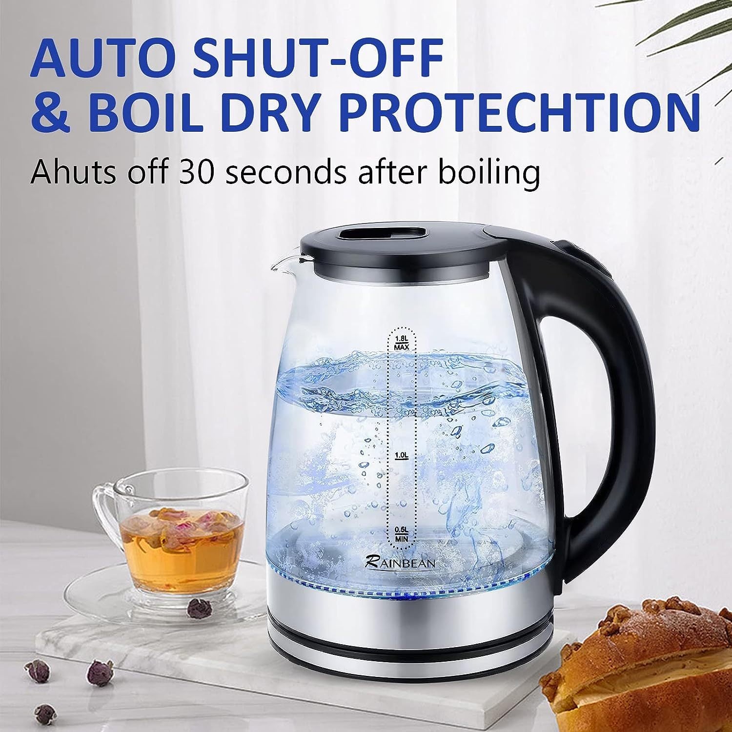 Electric Kettle 1.8L – Fast Boil Glass Tea Kettle (Electric, Plug-In).