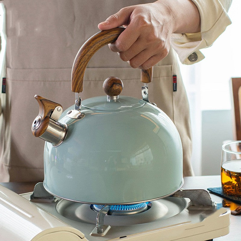 Stainless Steel Sky Gray Whistle Kettle with Folding Handle – Fast Boil, Heat-Resistant Design