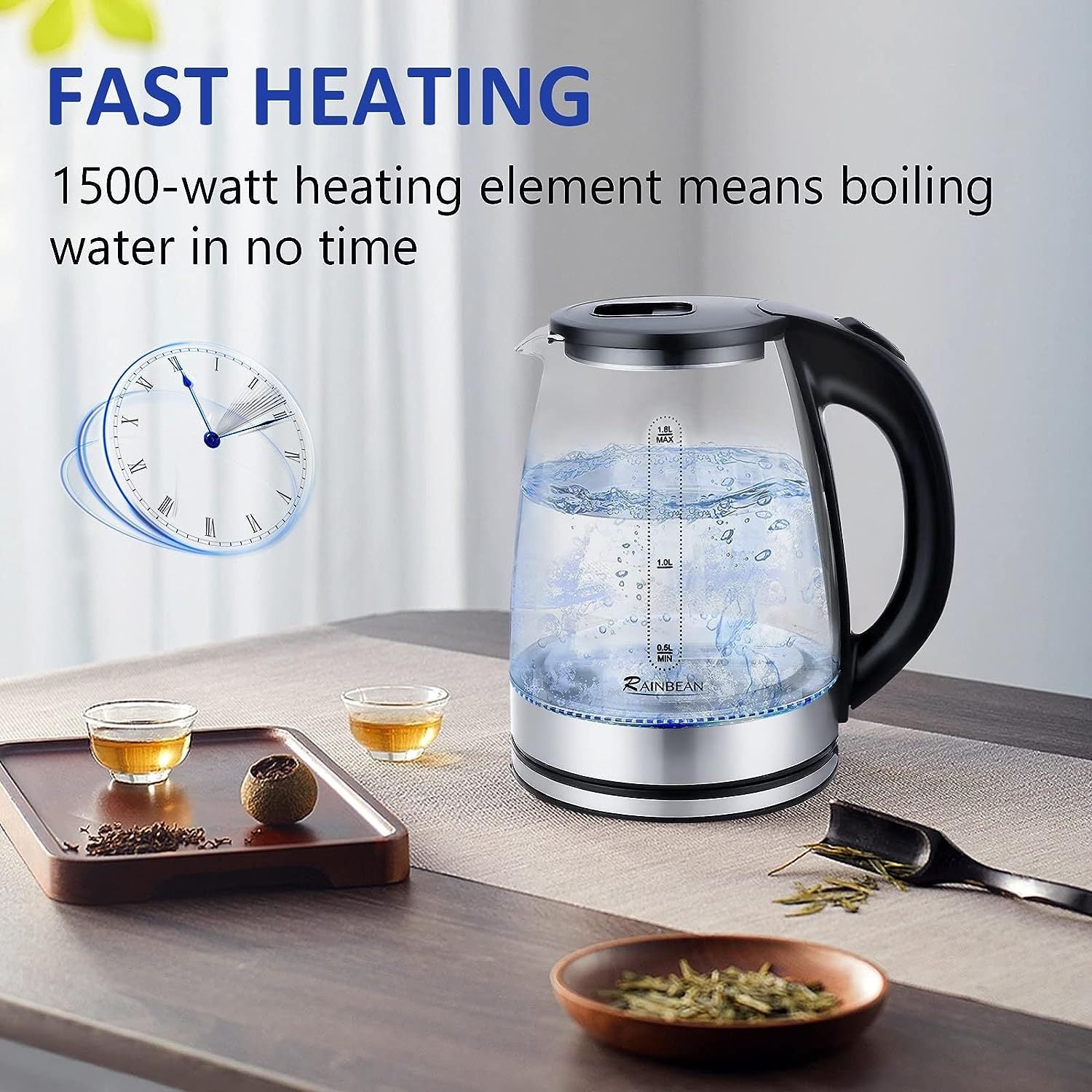 Electric Kettle 1.8L – Fast Boil Glass Tea Kettle (Electric, Plug-In).