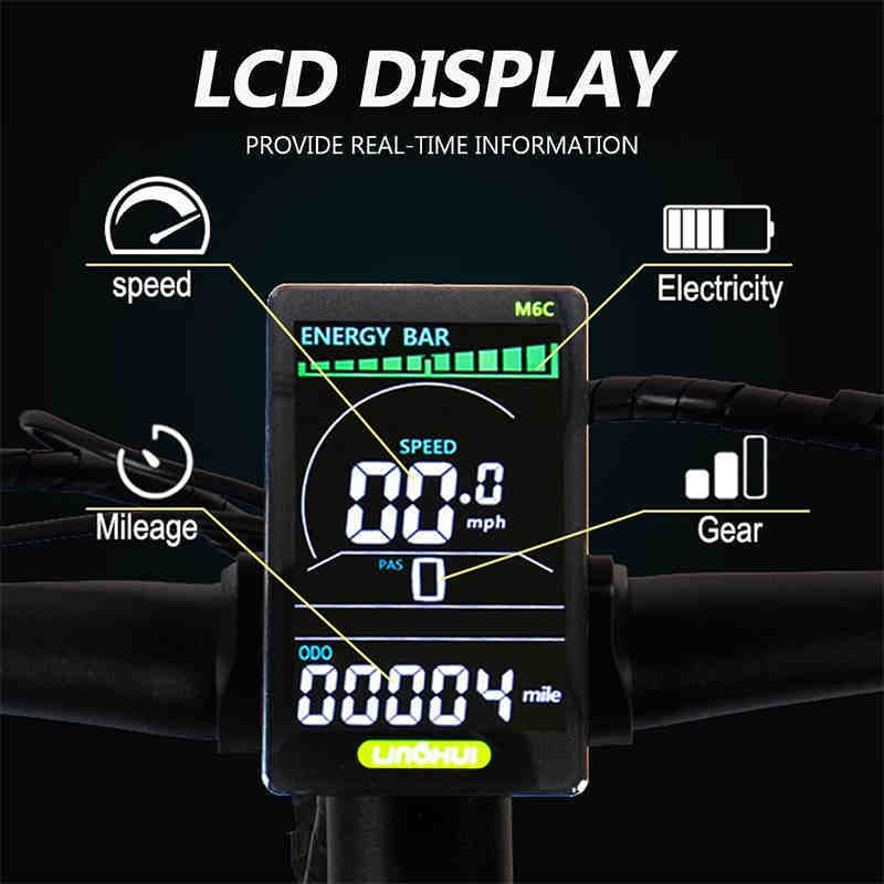 LCD display on I Got It First 500W electric mountain bike showing speed, mileage, electricity, and gear level