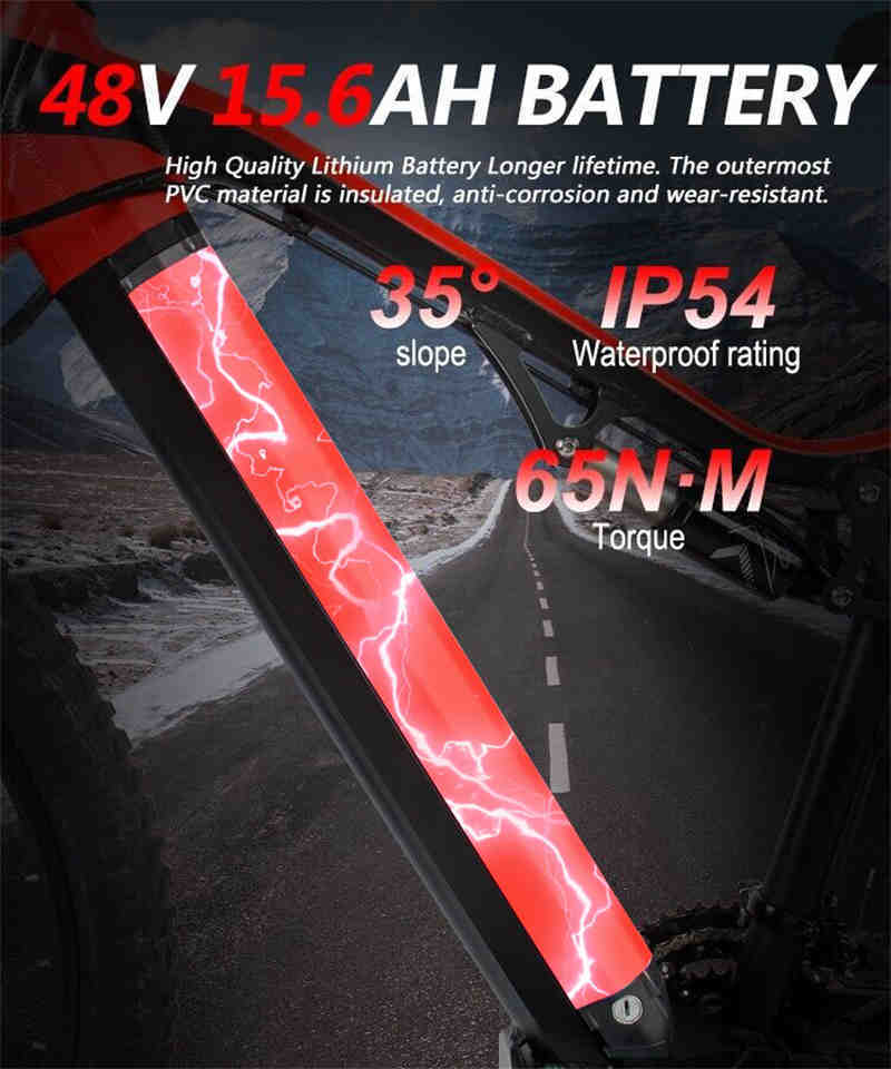 500W electric mountain bike 48V 15.6Ah lithium battery with waterproof rating and high torque