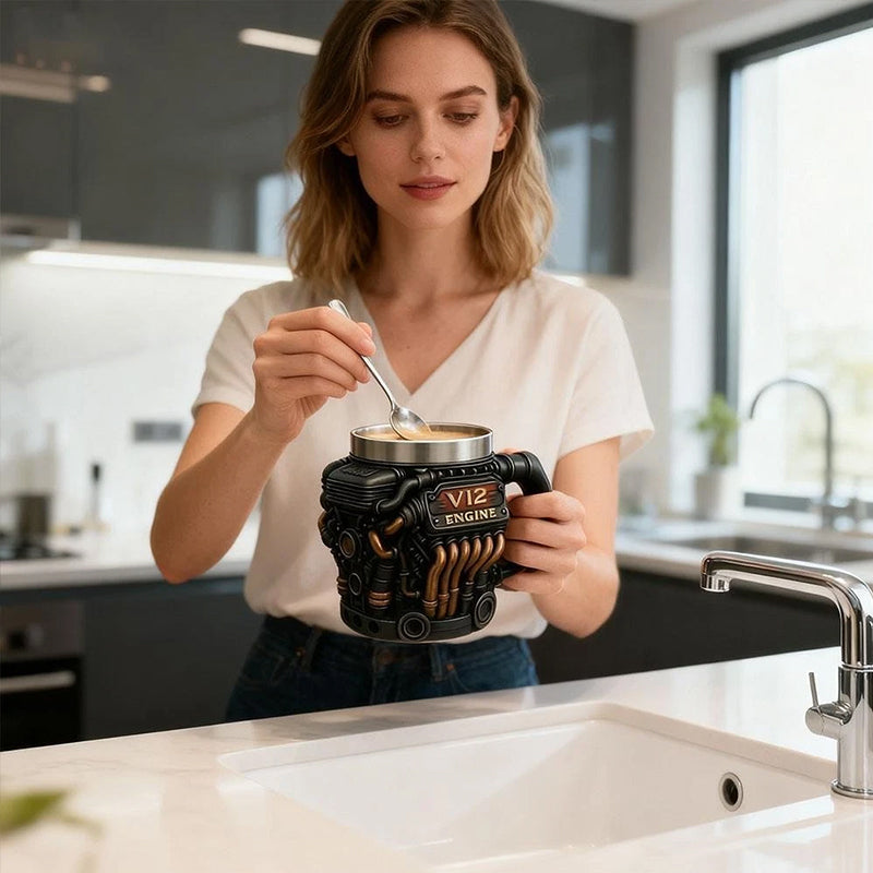 V8 Engine Stainless Steel Coffee Mug – Gearhead-Approved Hot & Cold Travel Cup for Car Lovers