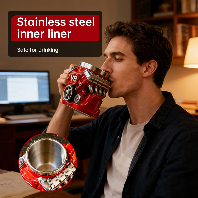 V8 Engine Stainless Steel Coffee Mug – Gearhead-Approved Hot & Cold Travel Cup for Car Lovers