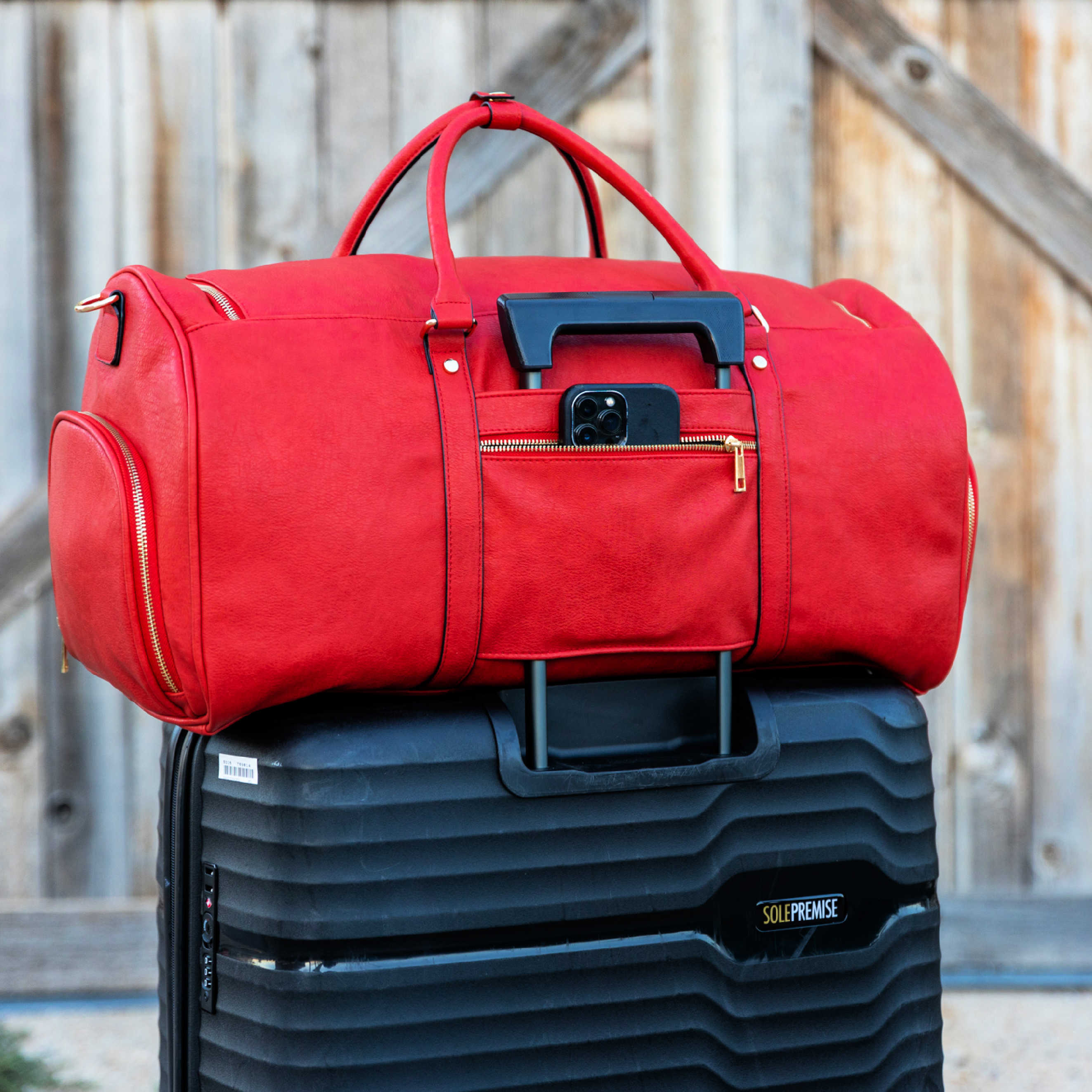 Red Tumbled Leather Weekender Duffle Bag