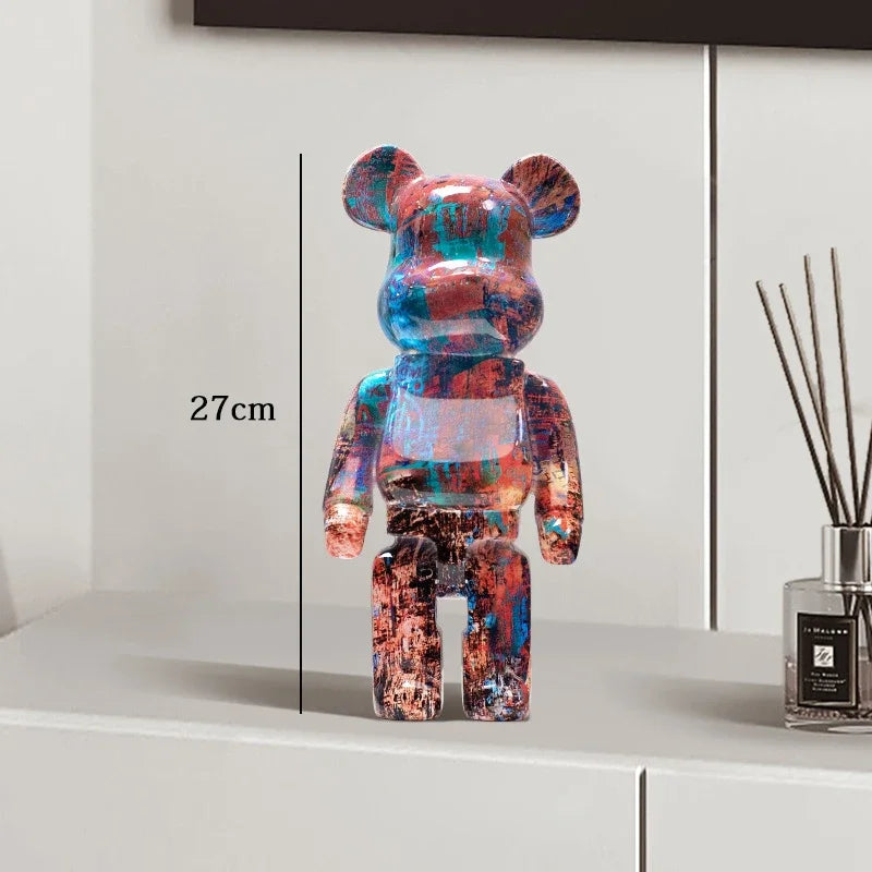 27cm Graffiti Bear Statue – Colorful Resin Paint Block Bear Decor for Home, Office & Living Room