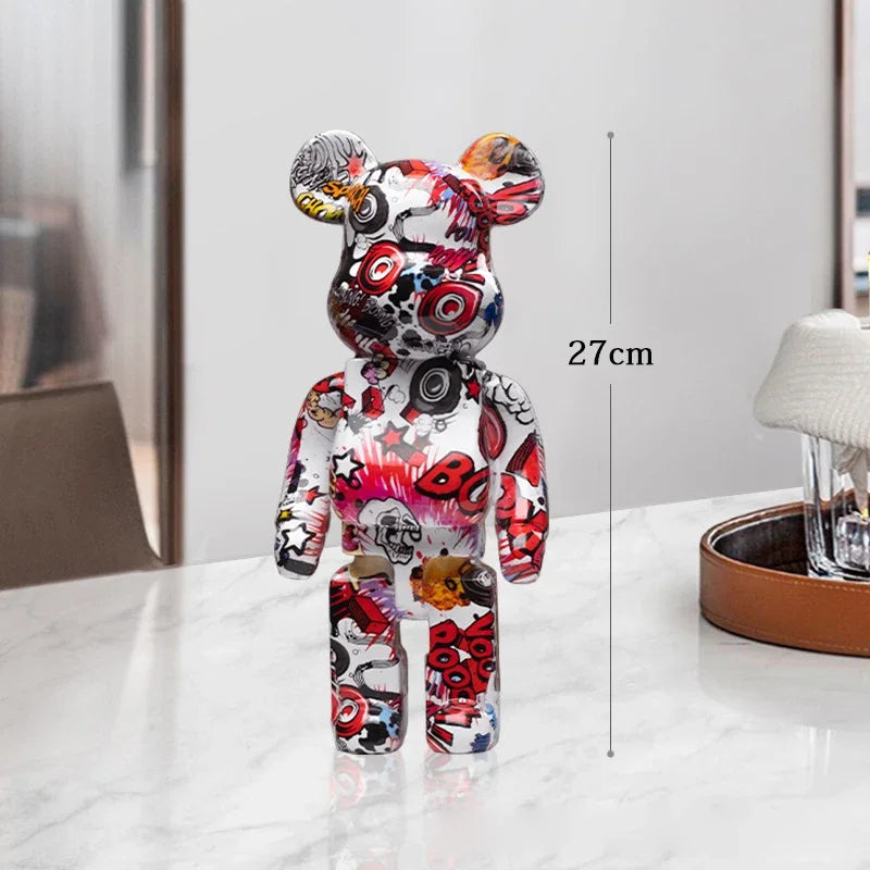 27cm Graffiti Bear Statue – Colorful Resin Paint Block Bear Decor for Home, Office & Living Room