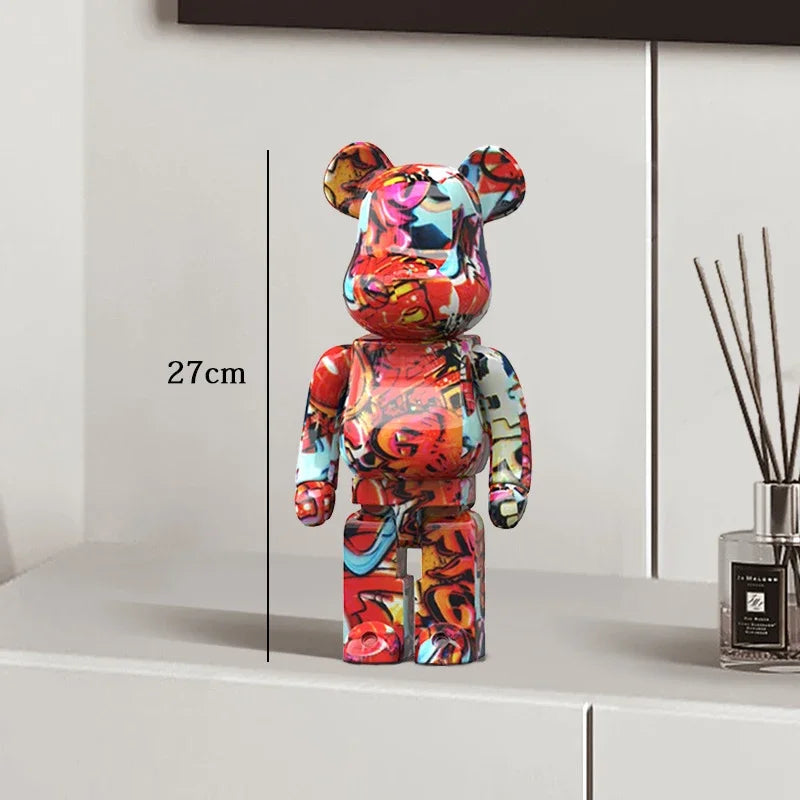 27cm Graffiti Bear Statue – Colorful Resin Paint Block Bear Decor for Home, Office & Living Room