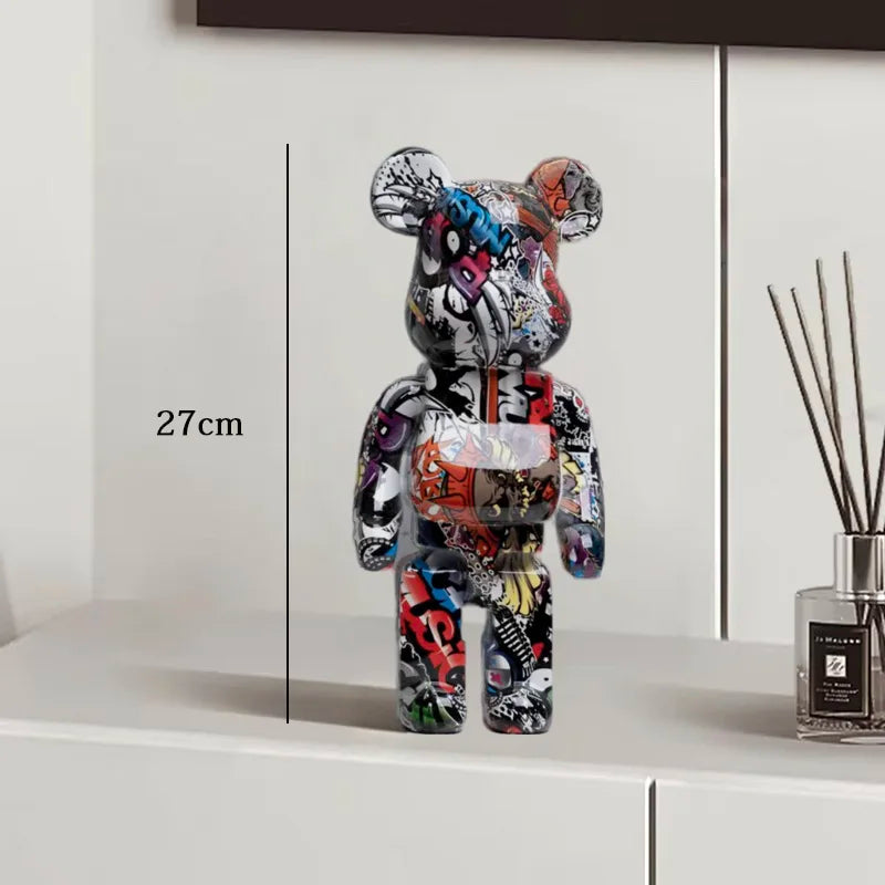 27cm Graffiti Bear Statue – Colorful Resin Paint Block Bear Decor for Home, Office & Living Room