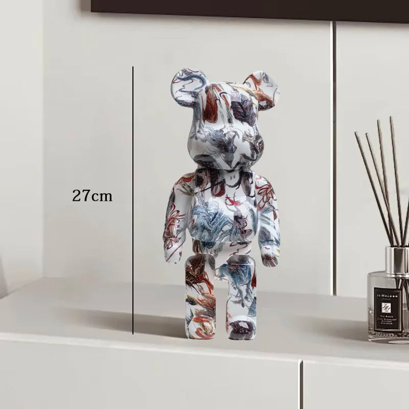 27cm Graffiti Bear Statue – Colorful Resin Paint Block Bear Decor for Home, Office & Living Room