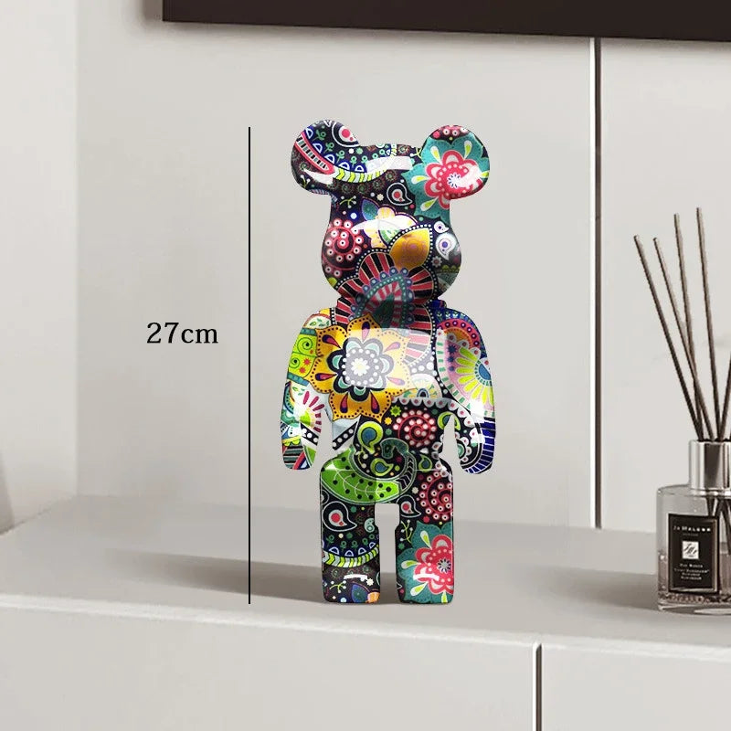 27cm Graffiti Bear Statue – Colorful Resin Paint Block Bear Decor for Home, Office & Living Room