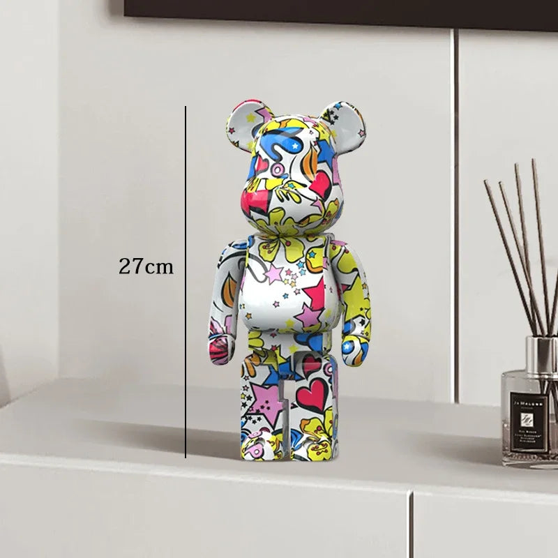 27cm Graffiti Bear Statue – Colorful Resin Paint Block Bear Decor for Home, Office & Living Room