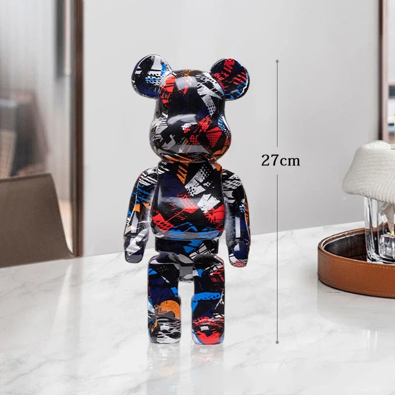 27cm Graffiti Bear Statue – Colorful Resin Paint Block Bear Decor for Home, Office & Living Room