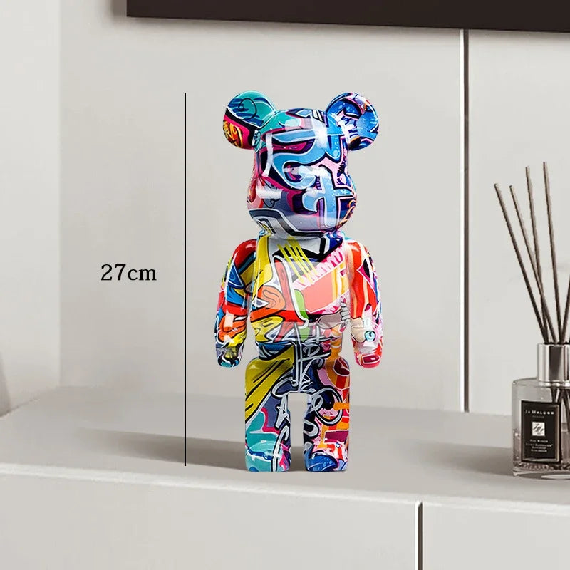 27cm Graffiti Bear Statue – Colorful Resin Paint Block Bear Decor for Home, Office & Living Room