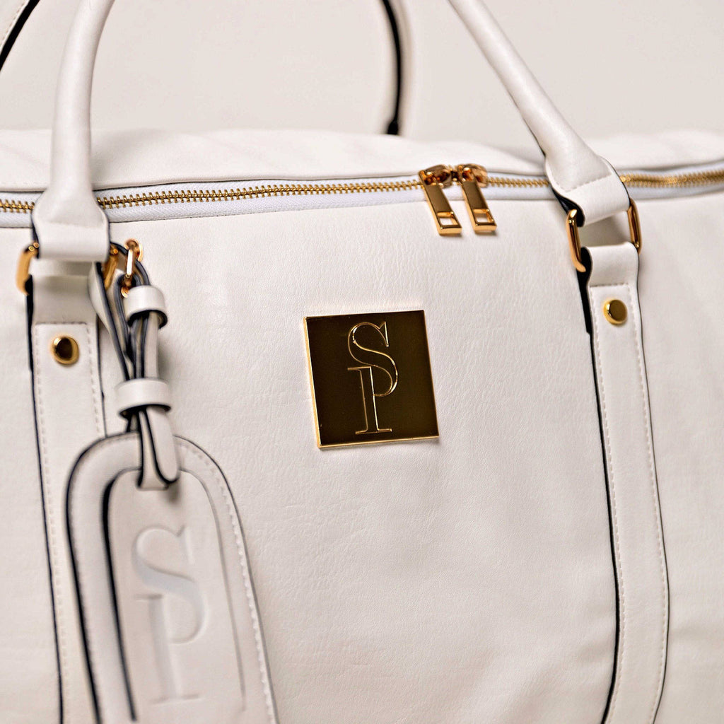 White Leather Weekender Duffle Bag