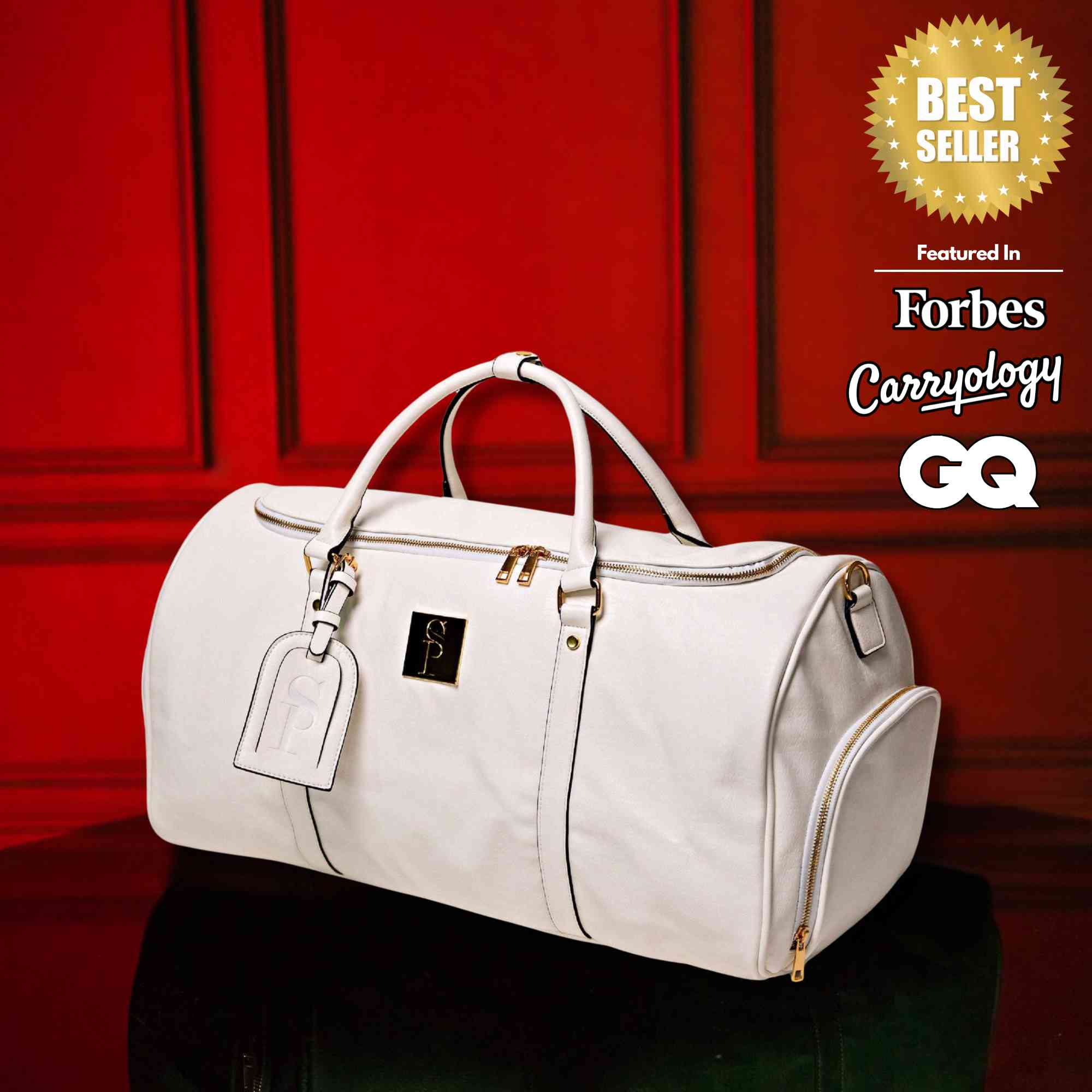 White Leather Weekender Duffle Bag