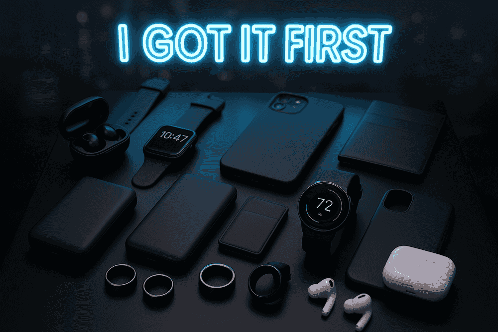 A bold, futuristic flat-lay image of trending gadgets, lifestyle accessories, and smart tech products spread across a sleek black table with a glowing “I GOT IT FIRST” neon logo hovering above. The background has a faint city skyline blur — symbolizing innovation and urban cool. Everything feels premium, early-access, and ahead of the curve.

Vibe: Exclusive. Tech-savvy. Alpha shopper energy.
Tagline suggestion:

“Where Trends Drop First — Before the Rest of the World Notices.