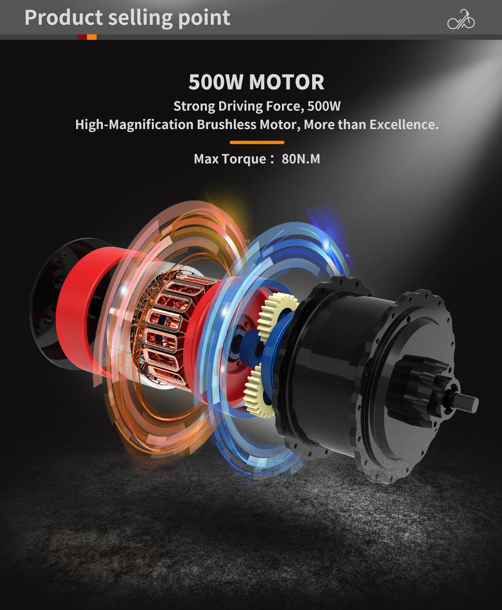 Exploded view of 500W motor with high-magnification brushless design for 26 inch electric bike