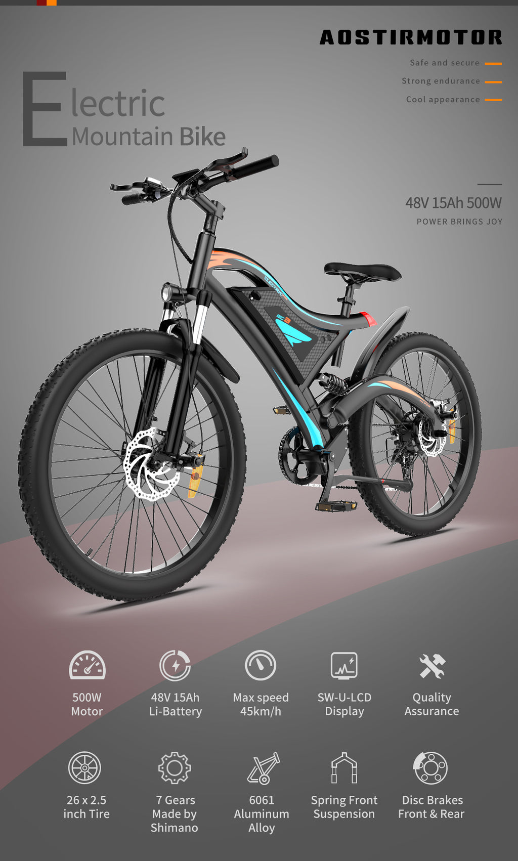 I Got It First 26 inch electric bike electric mountain bike with 500W motor and 48V 15Ah battery