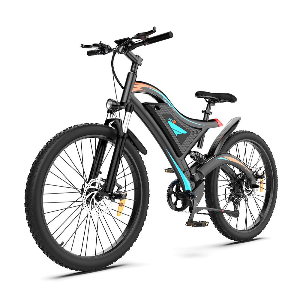 I Got It First 26 inch electric bike with black frame and blue orange accents, front suspension, and disc brakes