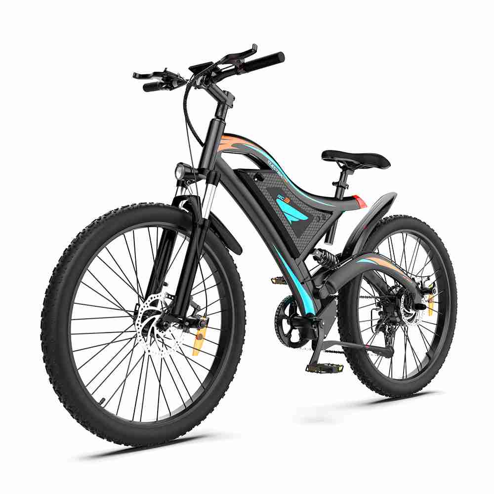 I Got It First 26 inch electric bike with black frame and blue accents designed for off-road riding