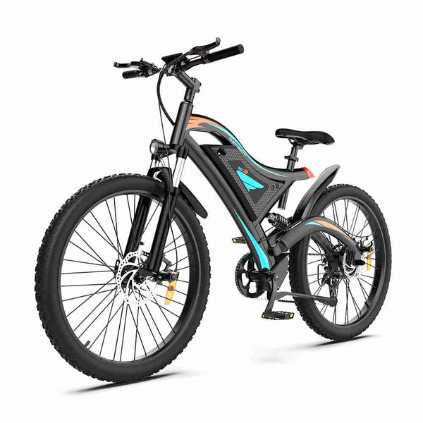 I Got It First 26 inch electric bike with black frame and blue accents designed for off-road riding