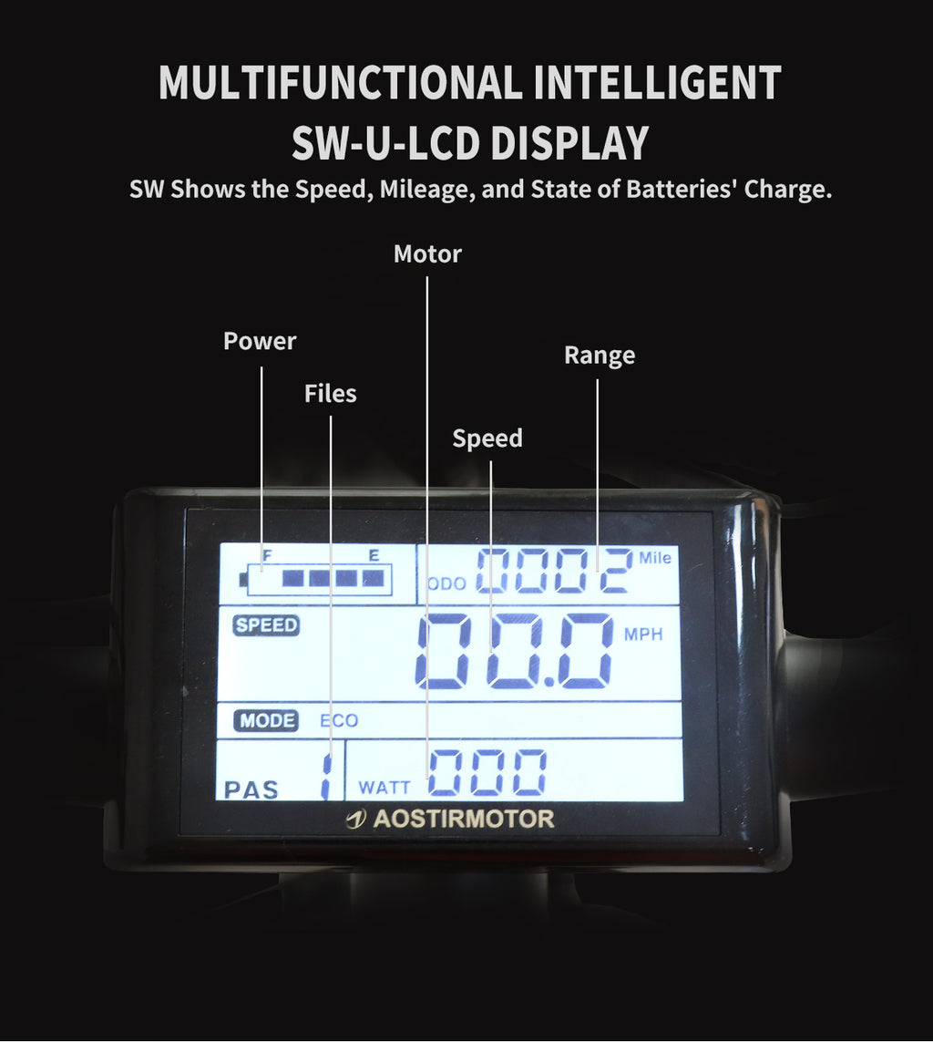 Multifunctional intelligent SW-U-LCD display showing speed mileage and battery charge for 26 inch electric bike