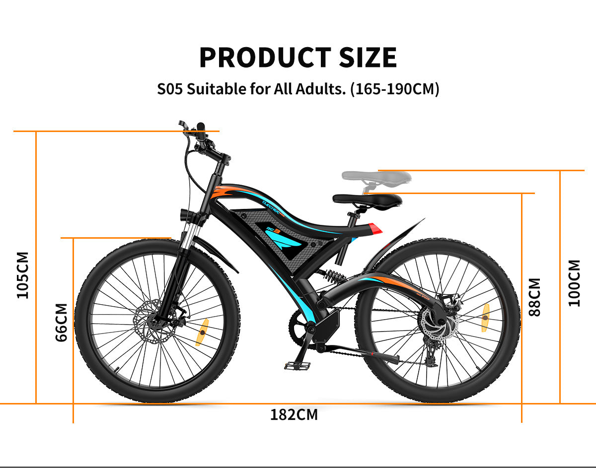 I Got It First 26 inch electric bike with black and blue frame showing size dimensions for adults