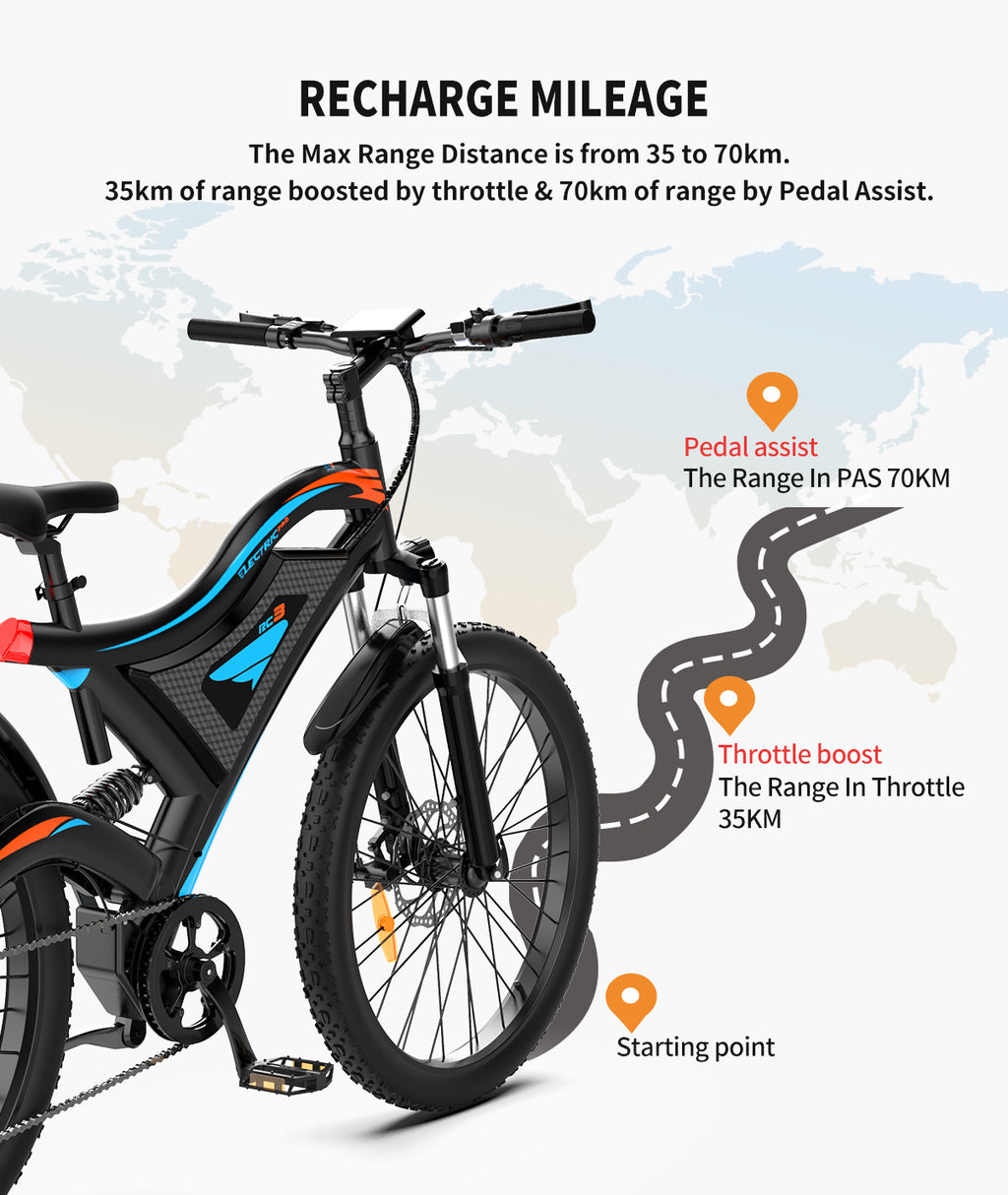 I Got It First 26 inch electric bike showing recharge mileage with pedal assist and throttle boost range