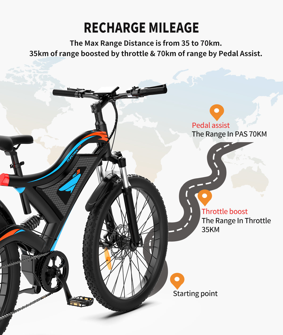 I Got It First 26 inch electric bike showing recharge mileage with pedal assist and throttle boost range