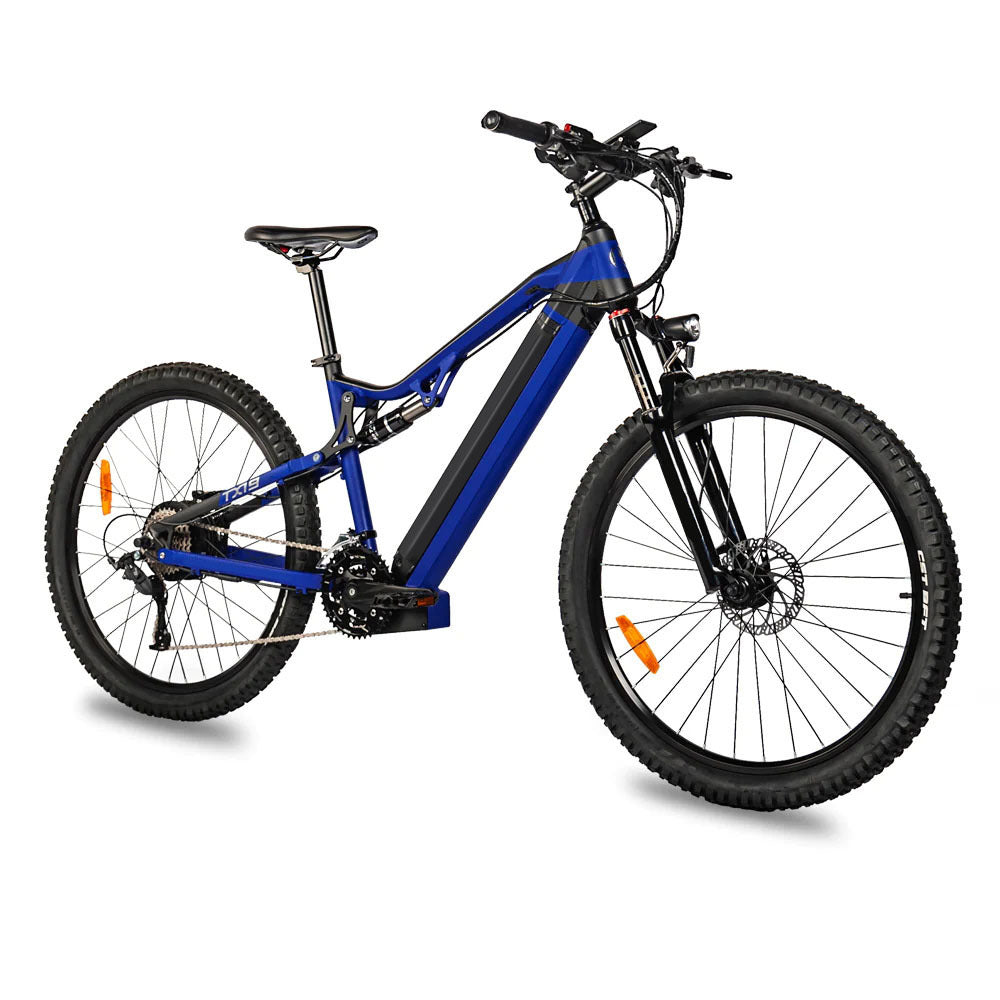 I Got It First blue 500W electric mountain bike with full suspension and disc brakes