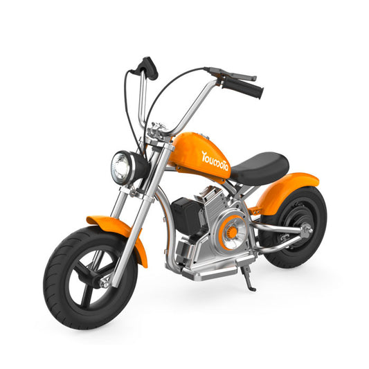 “Youmota Kids Electric Ride-On Motorcycle – 12” Air Tires, LED Lights, 10MPH, 150lb Max, Twist-Grip Throttle, Sound Effects - Orange