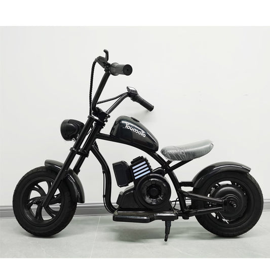 “Youmota Kids Electric Ride-On Motorcycle – 12” Air Tires, LED Lights, 10MPH, 150lb Max, Twist-Grip Throttle, Sound Effects – Black”
