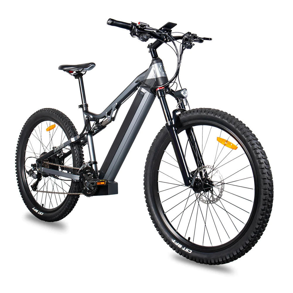 I Got It First 500W electric mountain bike in black with full suspension and thick tires