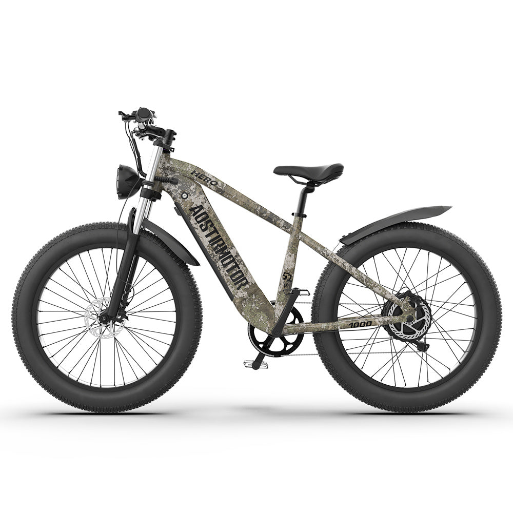 I Got It First all-terrain electric bike with hydraulic brakes featuring camouflage frame and fat tires