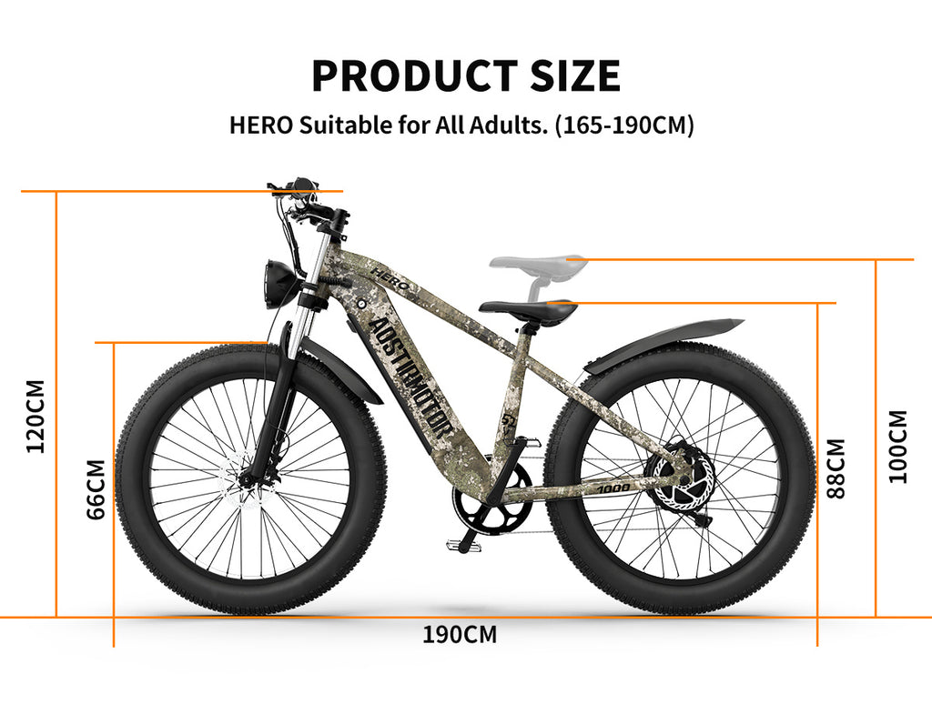 I Got It First all-terrain electric bike with hydraulic brakes and camouflage frame, suitable for adults 165 to 190 cm tall