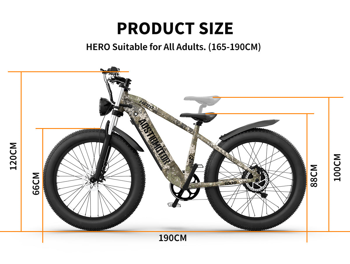 I Got It First all-terrain electric bike with hydraulic brakes and camouflage frame, suitable for adults 165 to 190 cm tall