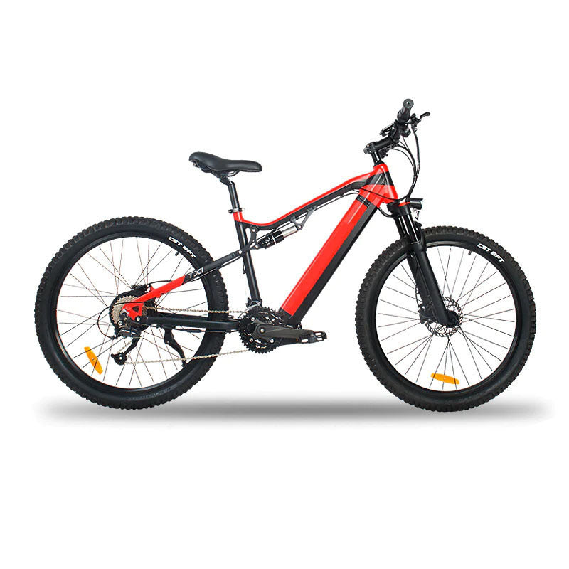 I Got It First 500W electric mountain bike in black and red with full suspension and knobby tires