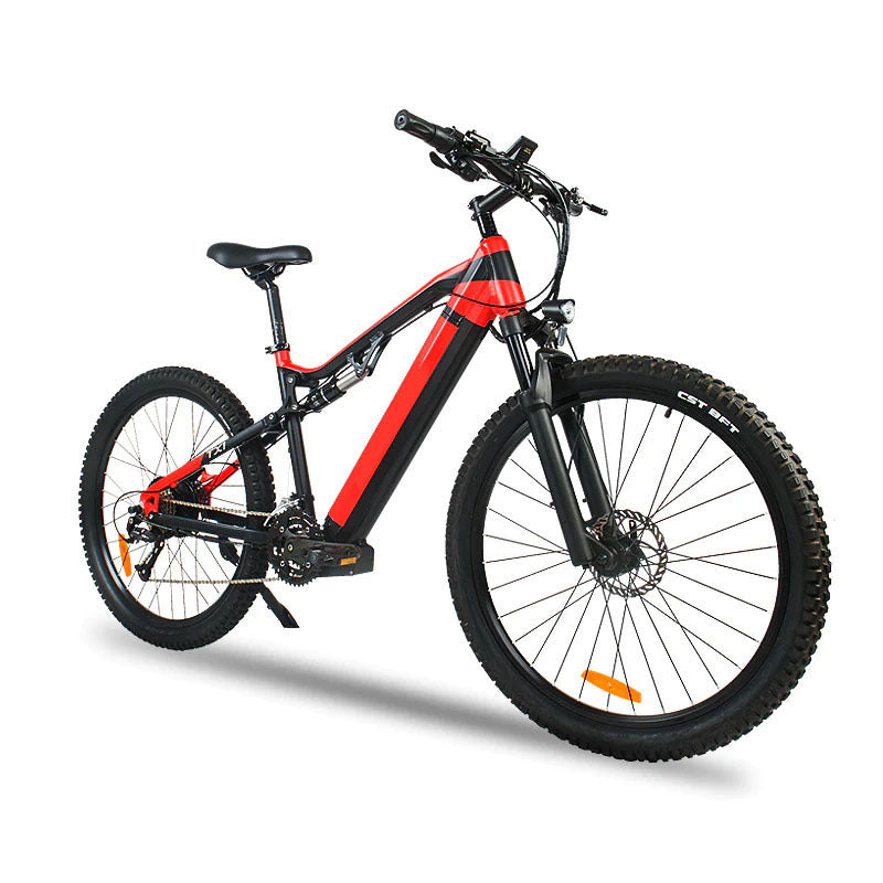 I Got It First 500W electric mountain bike with black and red frame and front suspension