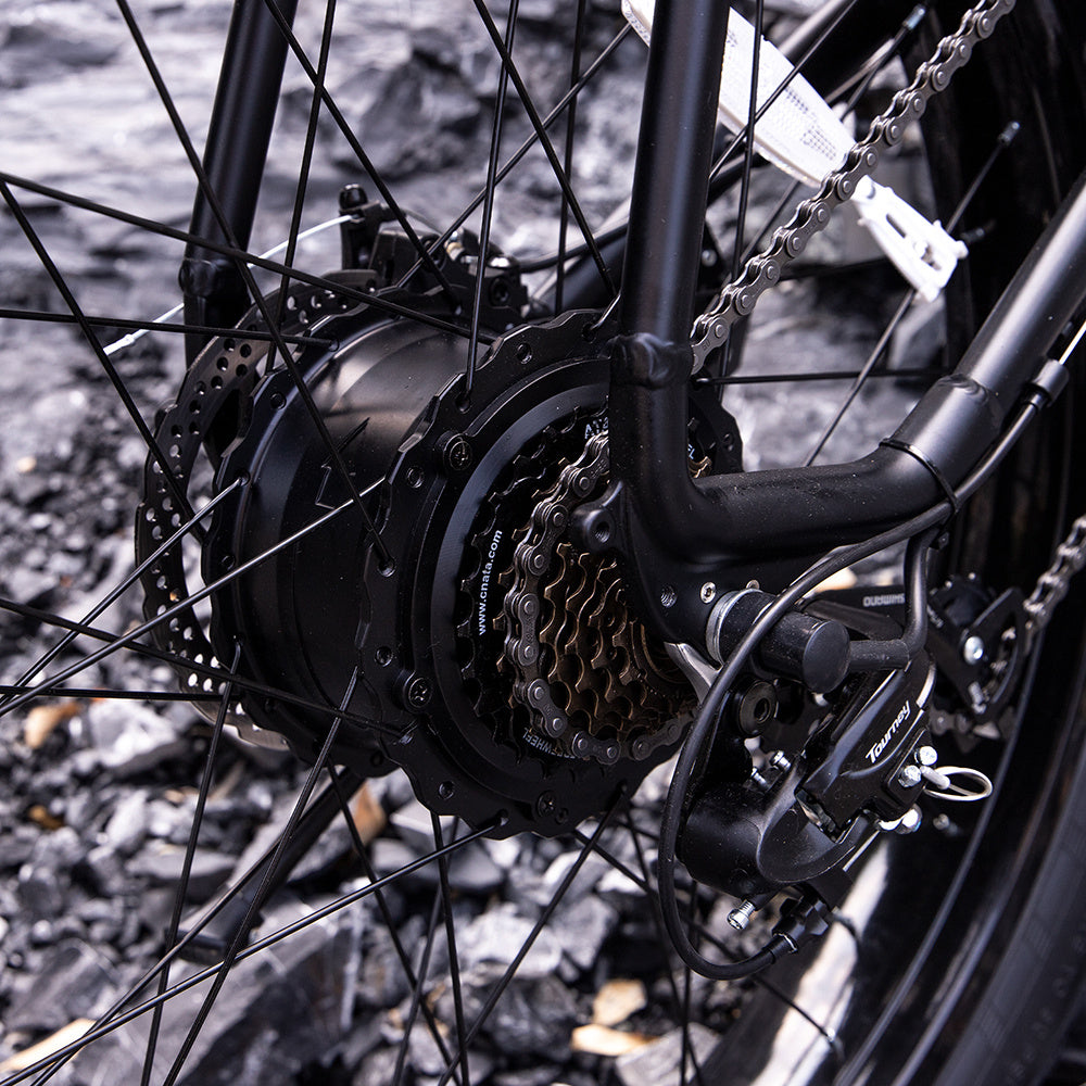 Close-up of rear gear and motor system on a 1000W electric fat tire bike by I Got It First